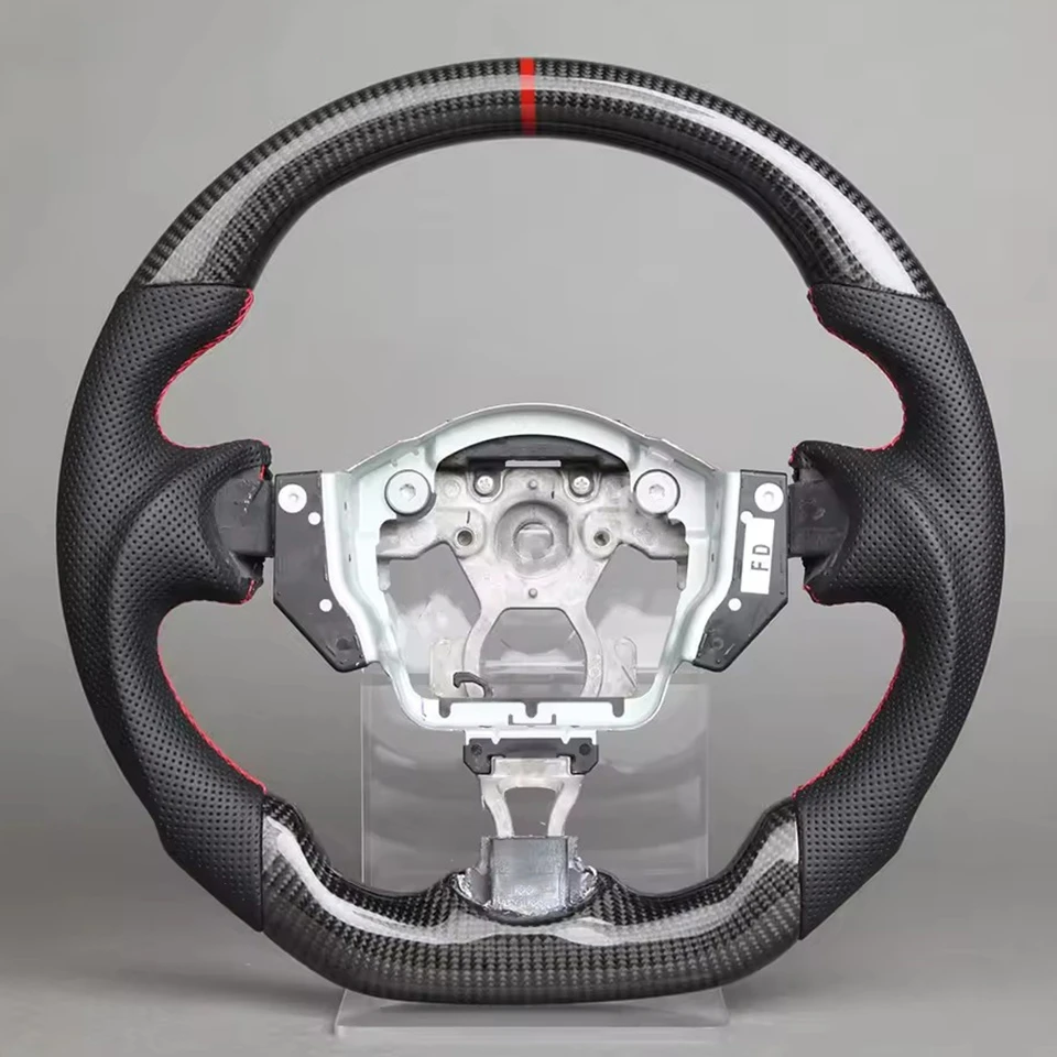 عجلة قيادة جلدية من ألياف الكربون لنيسان سنترا 370Z 2008-2020 عجلة سباق جلدية عجلة توجيه سيارة خياطة حمراء AA