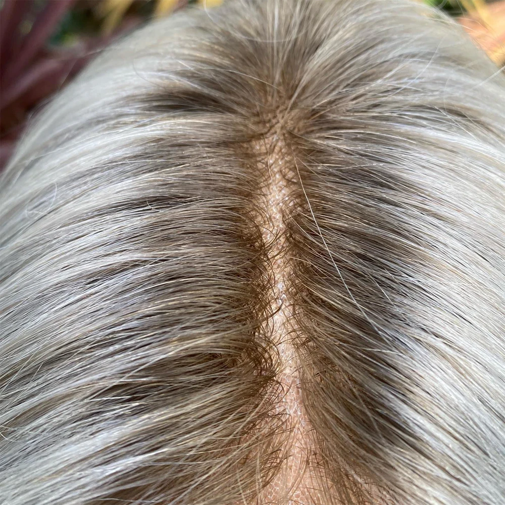 Rooted Ash Blonde Platinum Highlights Wig Synthetic Fiber Glueless Wig Middle Part Realistic Look Shoulder Wavy Lace Front Wig