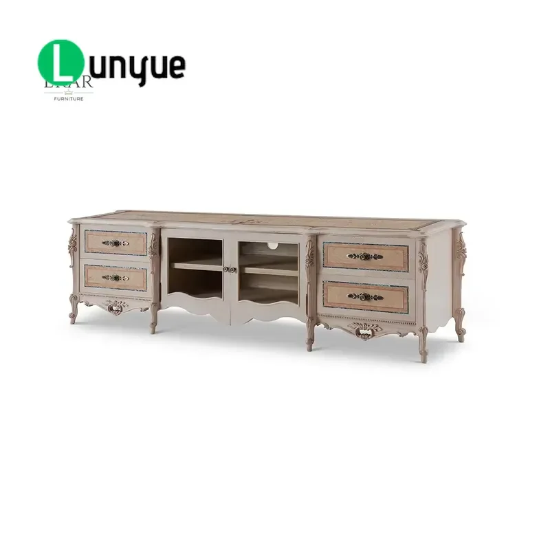 French Antique Royal Gray Wood Carving TV Cabinet Living Room Furniture Storage Console Table Elegant Home Decor