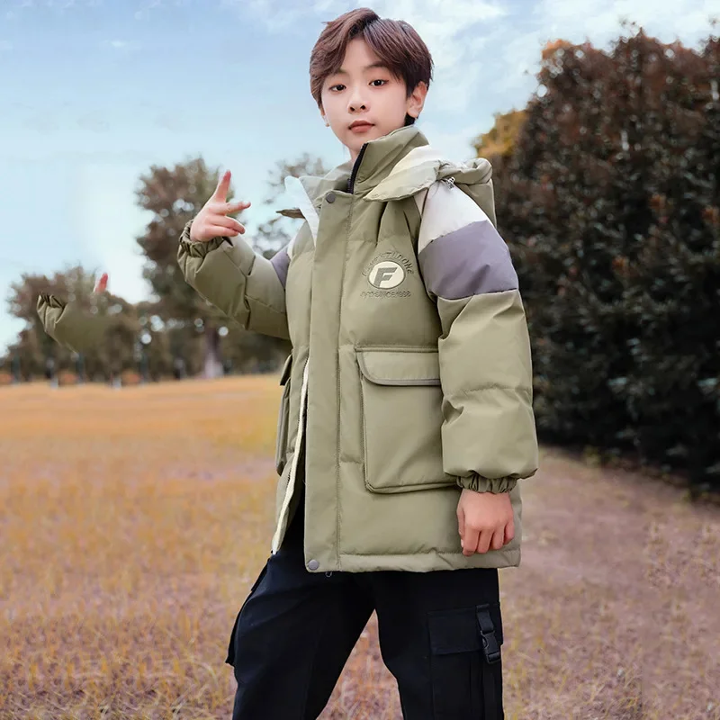 Kids Boys Girls Long Loose Thickened Duck Down Orange Grey Green Baby Coat Teenagers Hooded Padded Jacket Clothes Winter