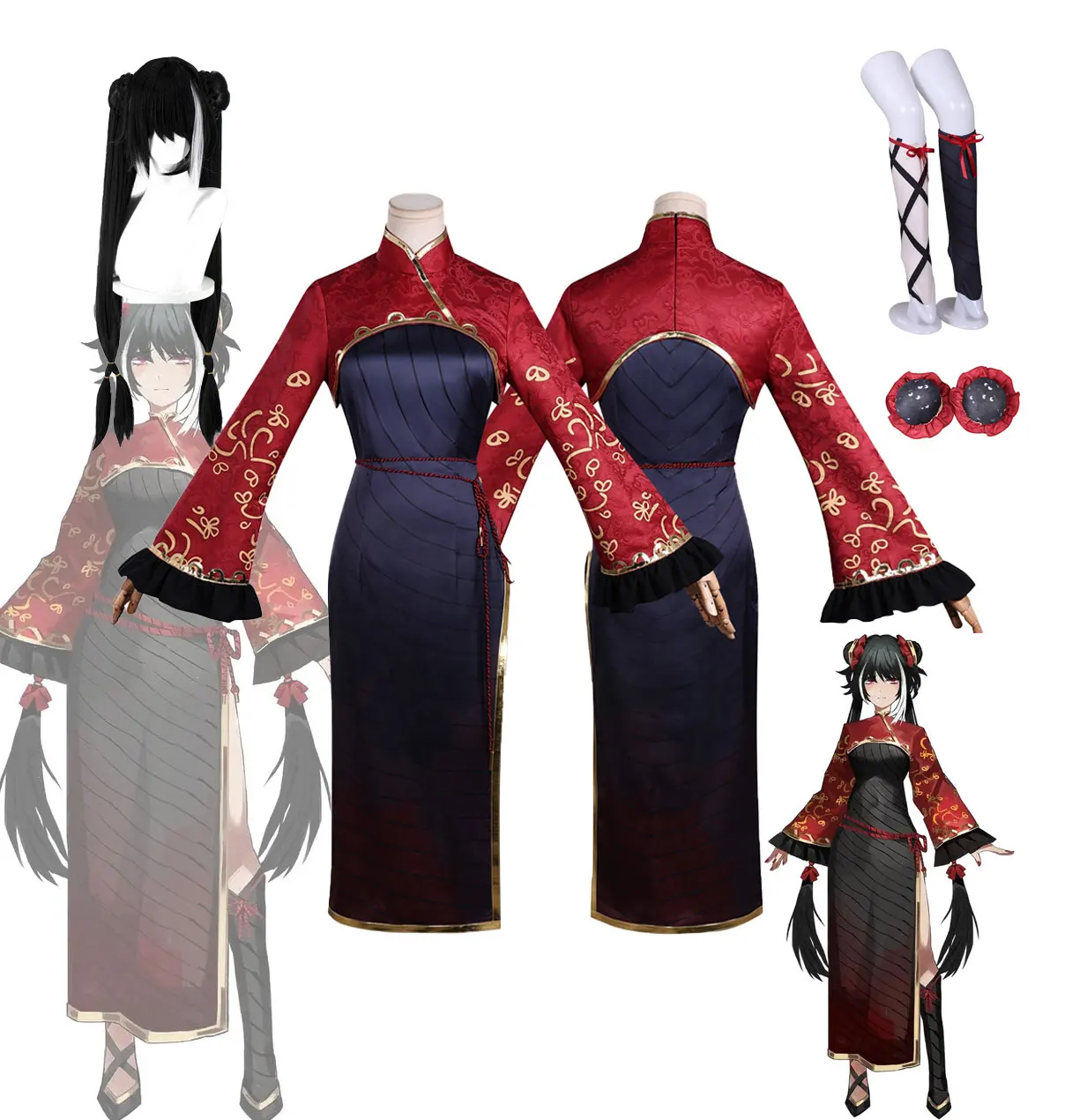 Beliebtes Limbus Company Jia Xichun Komplettes Cosplay-Kostüm, Rot-Schwarzer Qipao-Anzug, Damen-Halloween-Karnevalsparty-Cosplay-Outfit