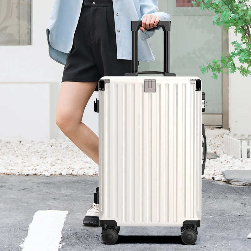 Bagage avec porte-gobelet pour femme, cadre en aluminium, valise d'embarquement avec mot de passe pour homme, 20 ", 28", valise à roulettes à fermeture éclair, sacs de voyage, nouveau, 2025