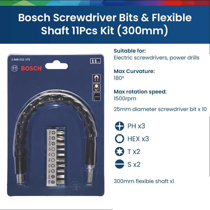 Bosch 11Pcs Screwdriver Bit Kit Flexible Cardan Shaft Holder Connecting Link Electric Drill Snake Hose Extension Rod