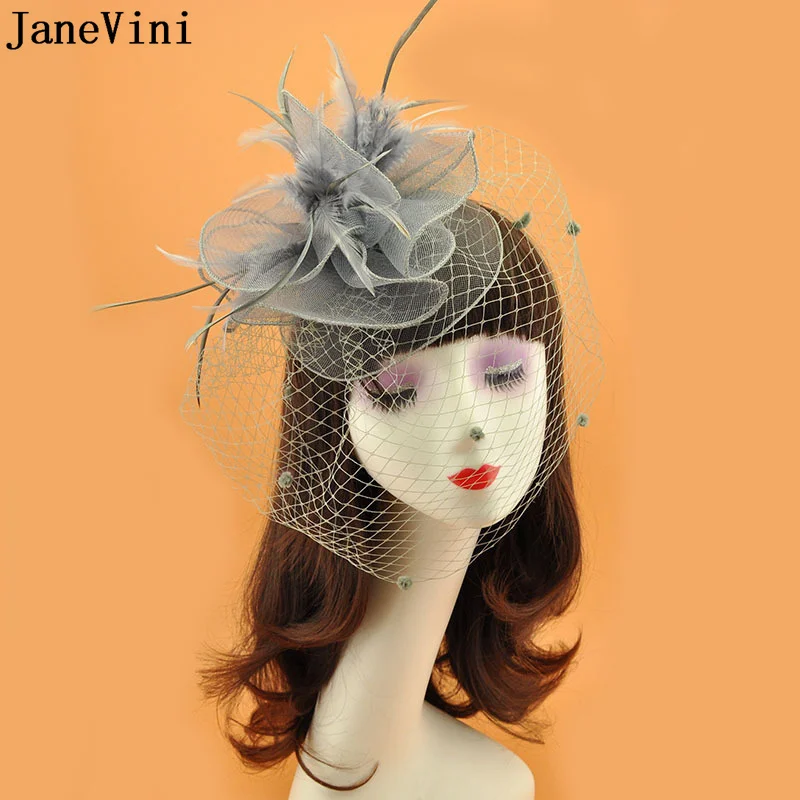 JaneVini 2022 Fascinators Bride Wedding Hats with Face Veils Feathers Headdress Cocktail Party Church Bridal Formal Headpiece