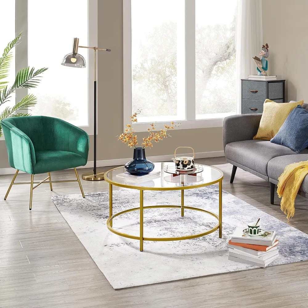 Tavolino da caffè moderno rotondo in vetro temperato trasparente da 36 pollici per soggiorno, tavolo centrale semplice ed elegante, ideale per piccoli spazi a