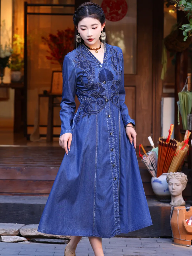 #2733 Spring Long Sleeve Denim Dress Women V-neck Embroidery Cardigan Front Button Shirt Dress Ladies Slim High Waisted A-line