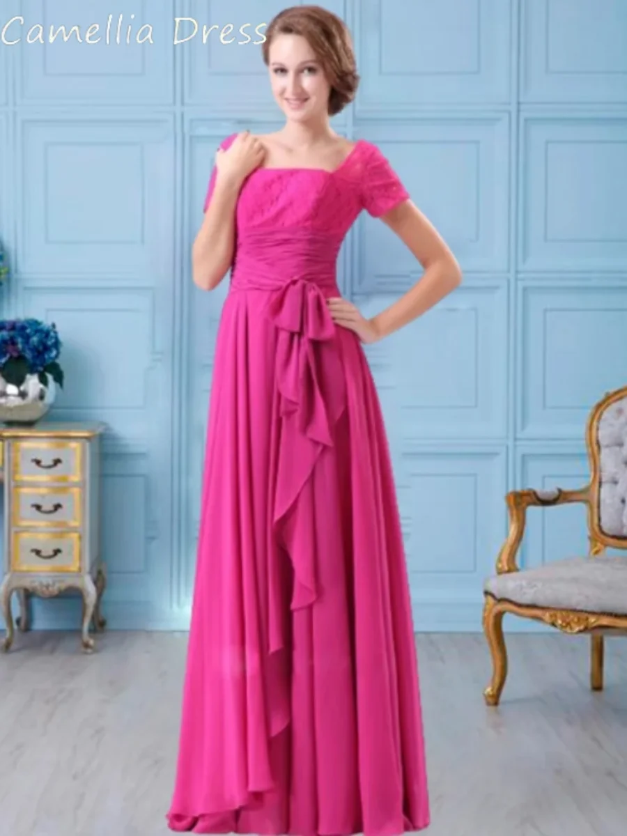 Vestido longo de chiffon para mãe, Convidado do casamento fúcsia, Vestido de noiva sem mangas, Vestidos formais