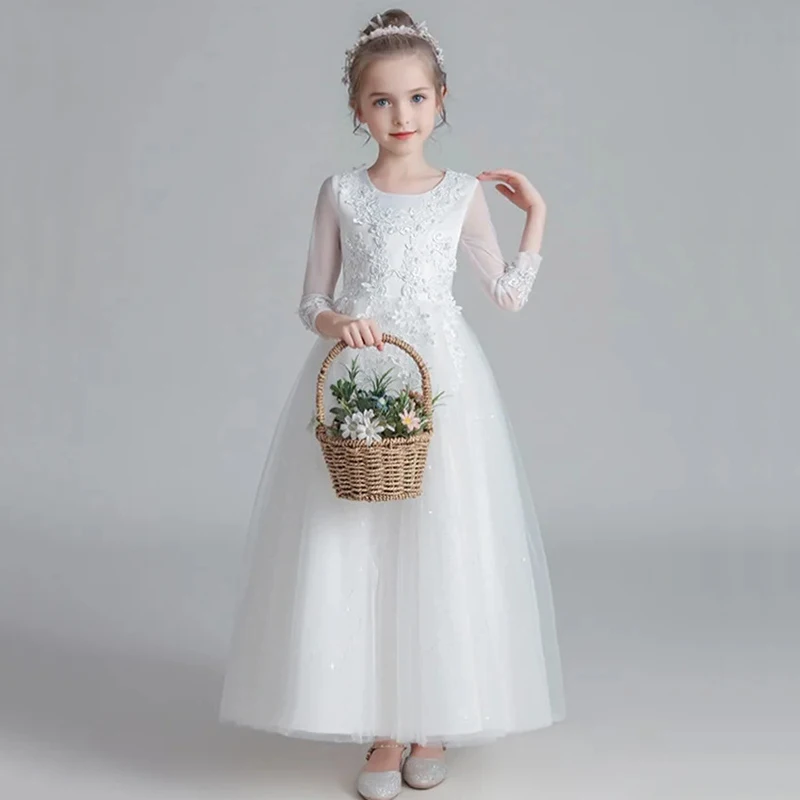 Flower Girl Wedding Long Sleeve Bridesmai Dress Teenage Girls White Baptismal Clothes Kids Birthday Party Princess Dress Easter