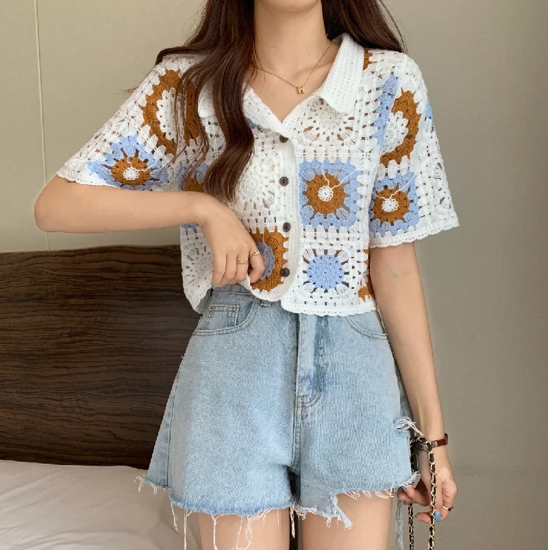 OUMEA Women Knitted Crochet Blouse Color Block Buttons Front Contrast Color Casual Tops Short Sleeve Openwork Chic Beach Tops