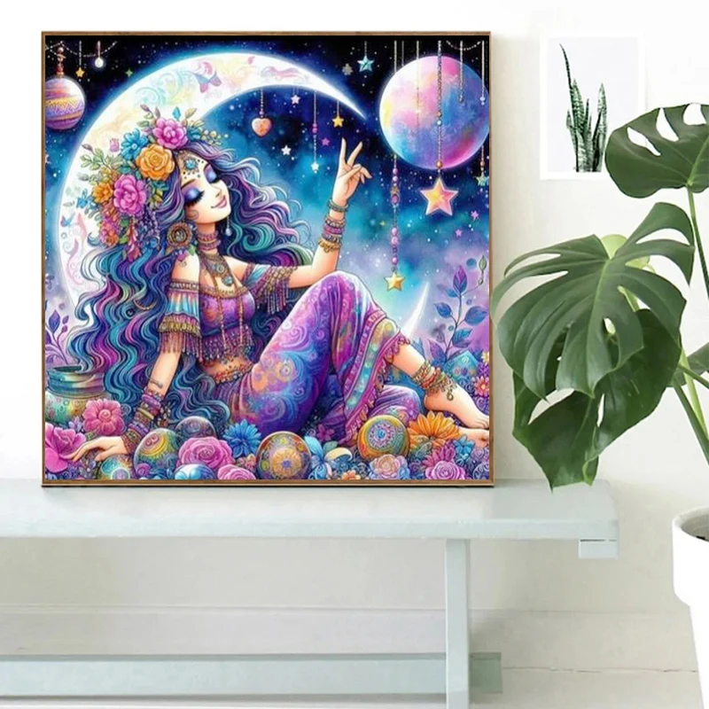 Moon 100% Fairy Dust Diamond Painting Cross Stitch Kit Flower Girl Crystal Diamond Embroidery Rhinestone Mosaic Home Decor Gift
