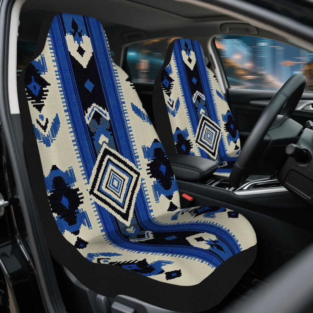 2pcs Geometric Blue Stripes Print Car Seat Covers - Durable Polyester, Easy Installation & Machine Washable, Stylish Interior Ac