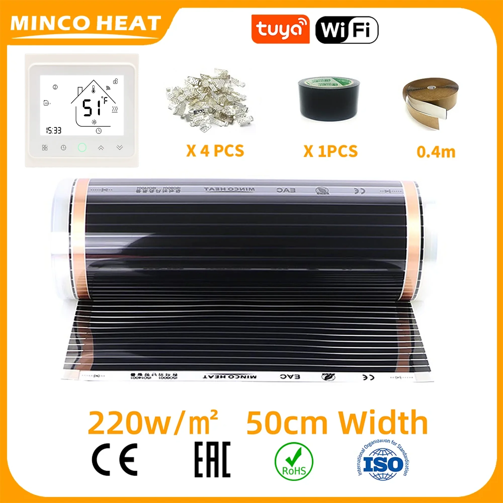 

Minco Heat 50cm Width 4m Long AC220V 220w/m2 Infrared UnderFloor Heating Film and 1 PCS 16A Thermostat Kits