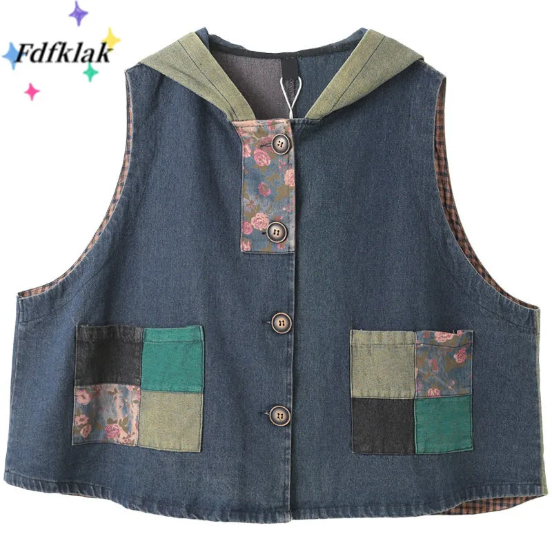 Fdfklak Autumn New Korean Big Size Retro Old Hooded Printed Stitching Denim Vest Women Models Jumper Female Loose Jean Jacket