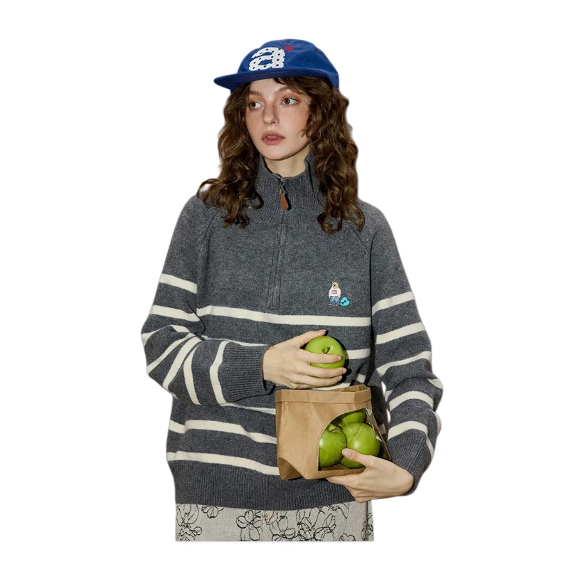 

2025 женский полосатый свитер с воротником-стойкой, большой пуловер на молнии до половины, облегающий цветной блок, повседневный вязаный топ, свободный крой, комфортный