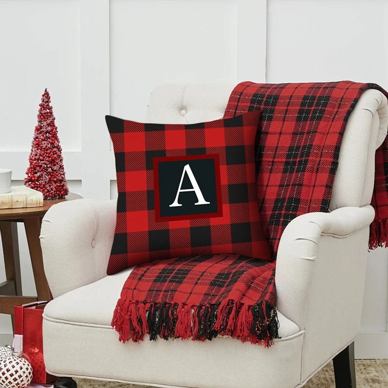 Christmas Throw Pillow Cover Plaid Letter Print Cushion Pillow Case Soft Pillow Protector for Home Sofa Decorations