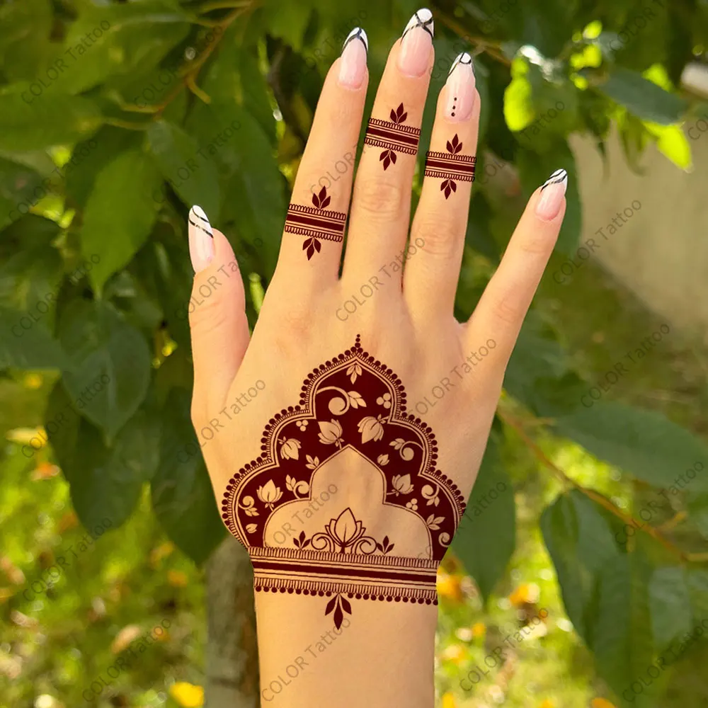 Maroon tato Henna palsu wanita, stiker tato temporer bunga coklat untuk dekorasi pernikahan Festival tubuh Tangan