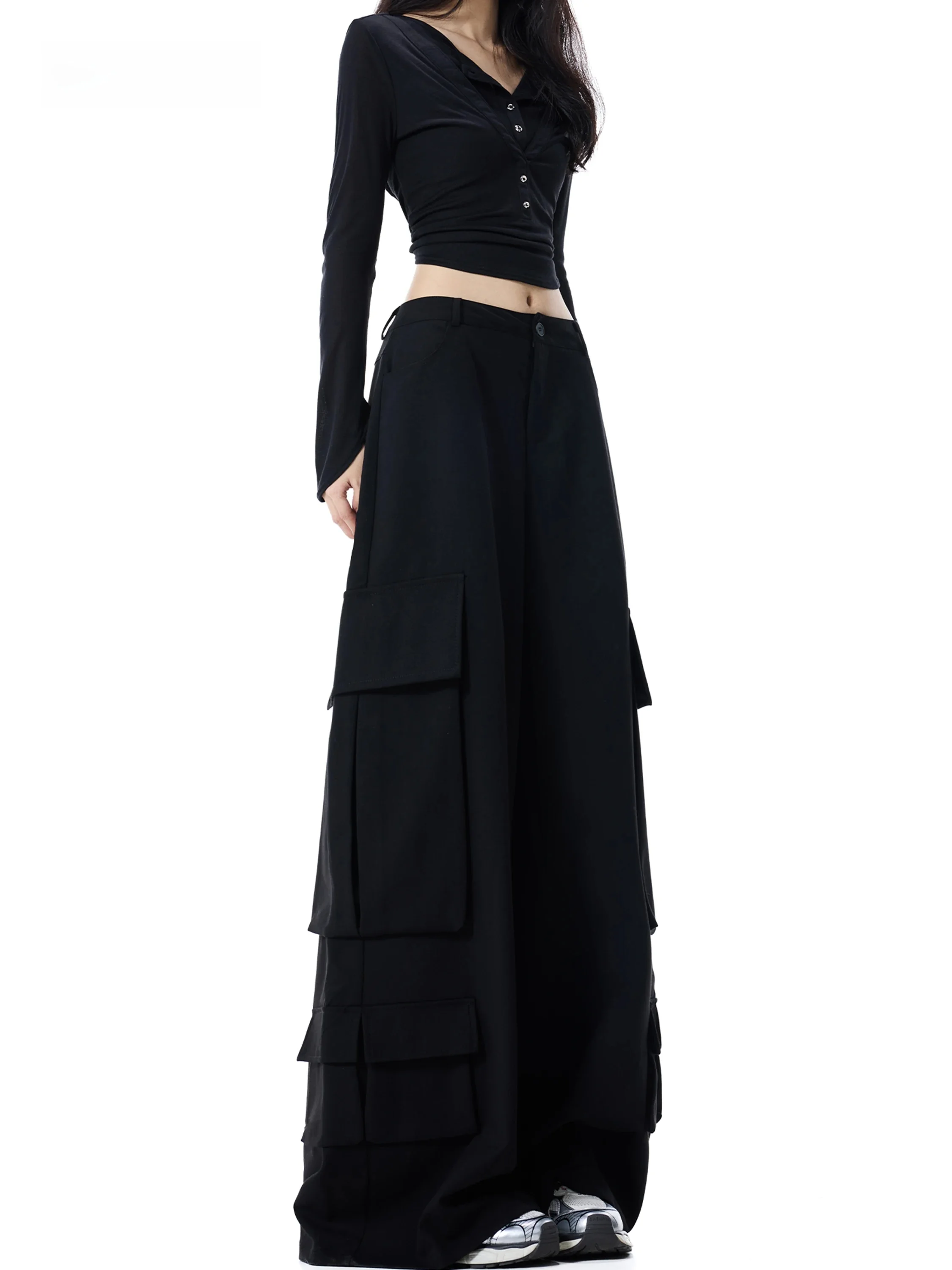 Black Wide Leg Casual Pants Women's Belted Multi Pocket High Waist American Street Style Cool Girl Workwear Design Breathable