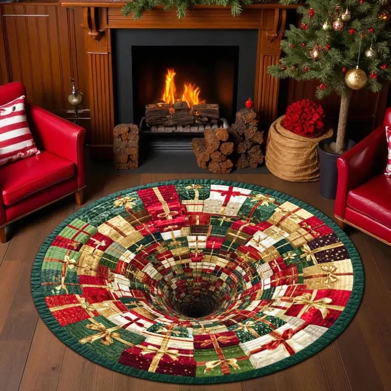 3D Optical Christmas Presents Round Rug – Holiday Gift Box Tunnel Design for Fireplace Area, Xmas Floor Mat, Festive Home Decor