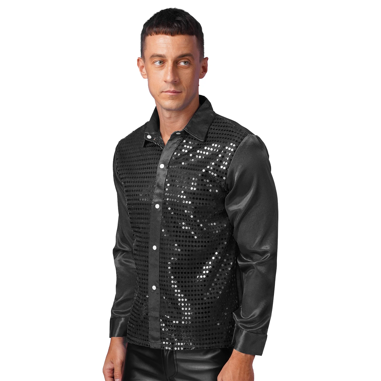 Men Hip Hop Jazz Latin Street Dance Pole Dancing Performance Clothes Long Sleeve Shiny Sequin Lapel Shirt Tops for Party Prom