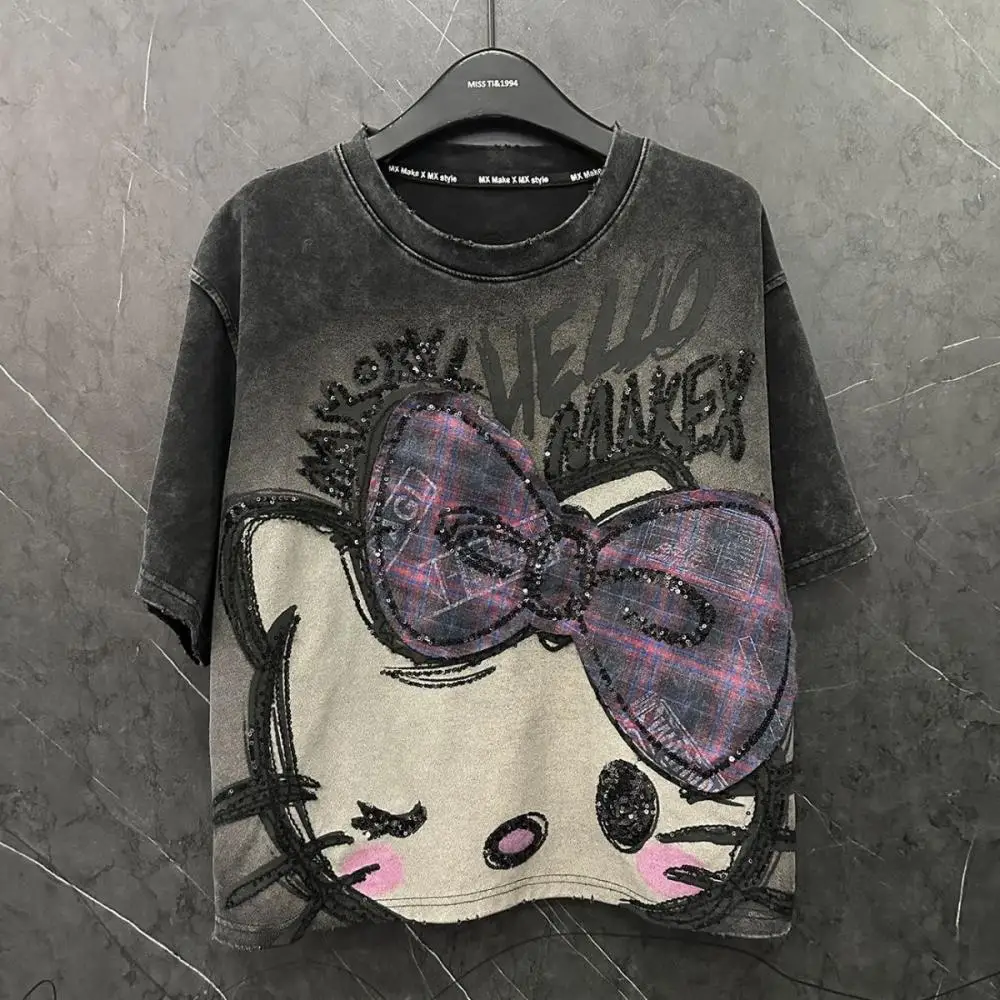 

Y2K Hello Kitty Girls с коротким рукавом в стиле аниме Sanrios, милая летняя милая хлопковая женская футболка Kawaii, повседневные свободные трендовые топы
