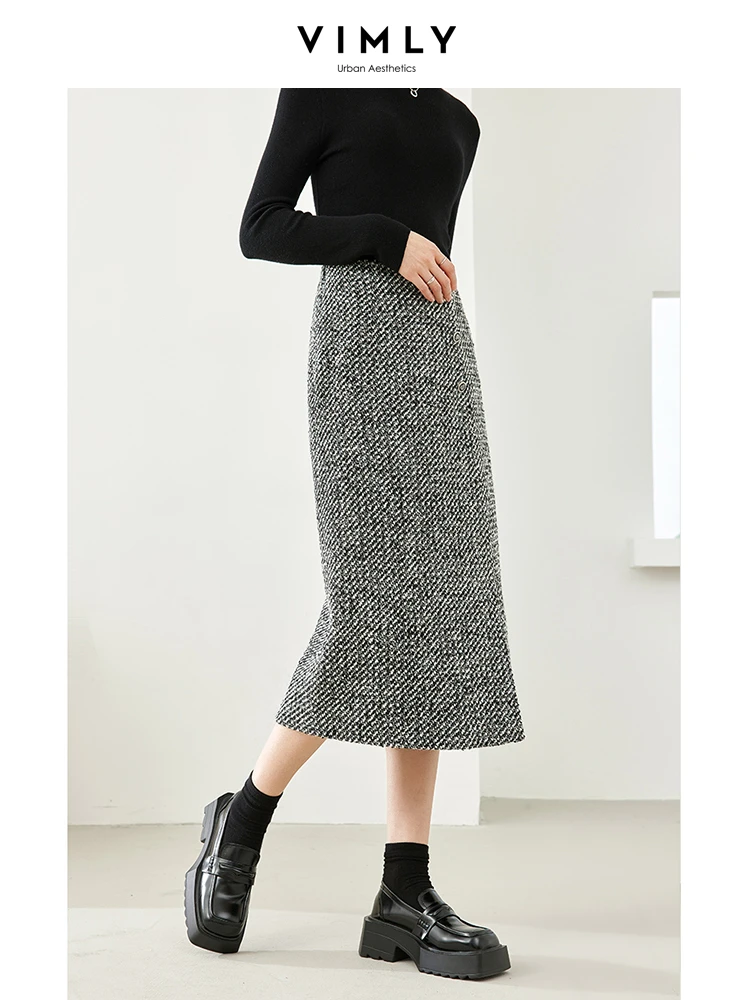 Vimly French Style Wool Blend Black Striped Skirts 2023 Winter Quilted Thick Elastic Waist  A-line Split Midi Skirt Female M3922