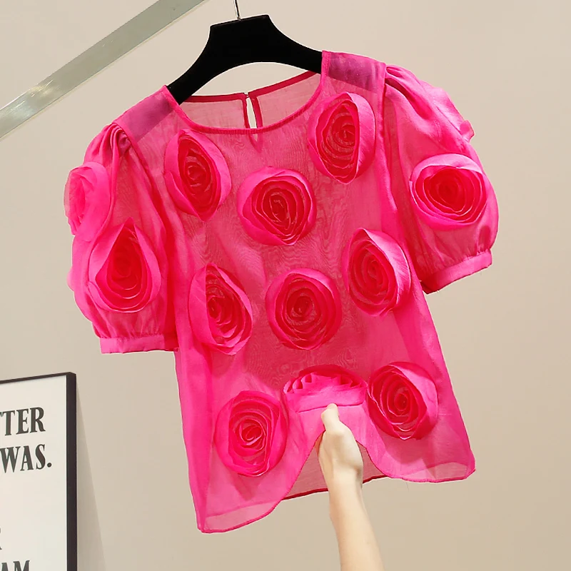 

Модный женский летний топ свободного кроя с круглым вырезом, коротким рукавом, сложной вышивкой и цветочным декором