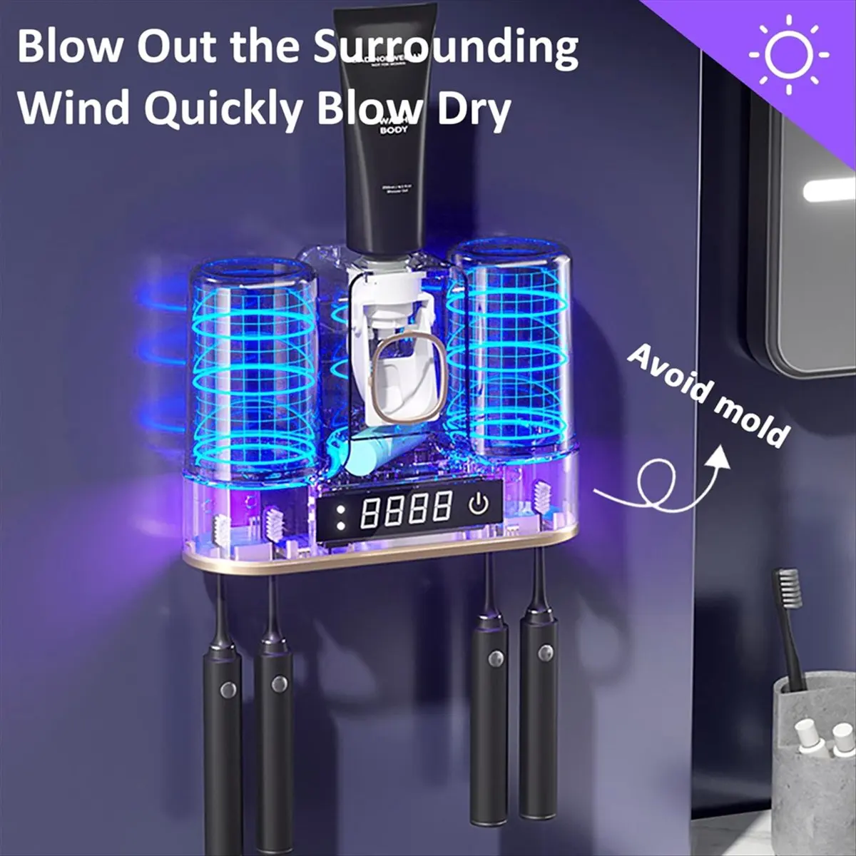 

Чистые держатели для зубных щеток для ванных комнат с сушкой на воздухе, держатель для зубных щеток с интеллектуальным светодиодным экраном обратного отсчета, настенные держатели