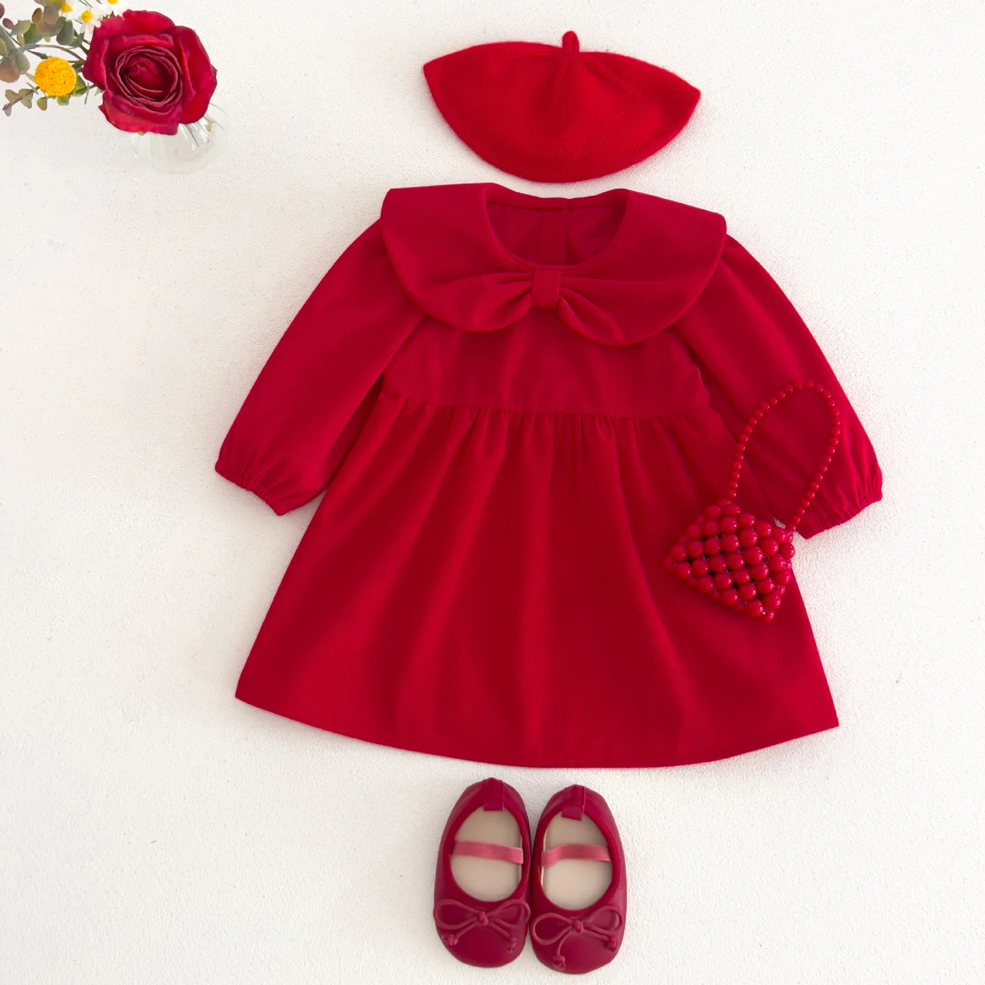Bear Leader Red Autumn Girls' Dresses Solid Color Collar Sweet Princess Dress Birthday Party Children's Clothing 2-6 Years Old