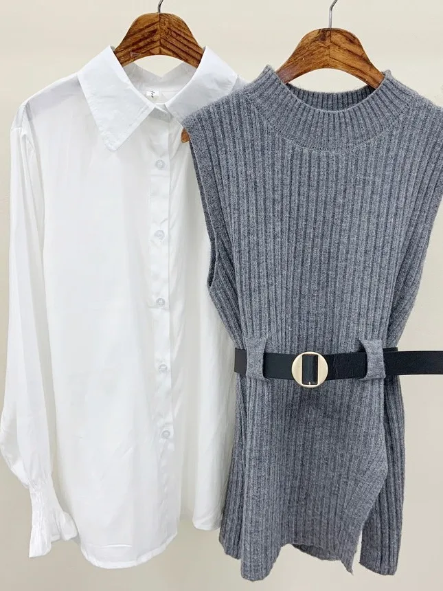Chic Versatile di media lunghezza irt Dr con cintura in vita e colletto più gilet asimmetrico lavorato a maglia Set da due pezzi per donna