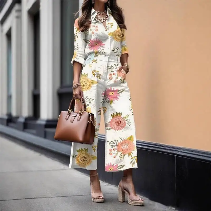 Casual Flower Print Straight Women Outfits Spring Turn Down Collar Button Shirt Pants Set Autumn Long Sleeve Office Suits