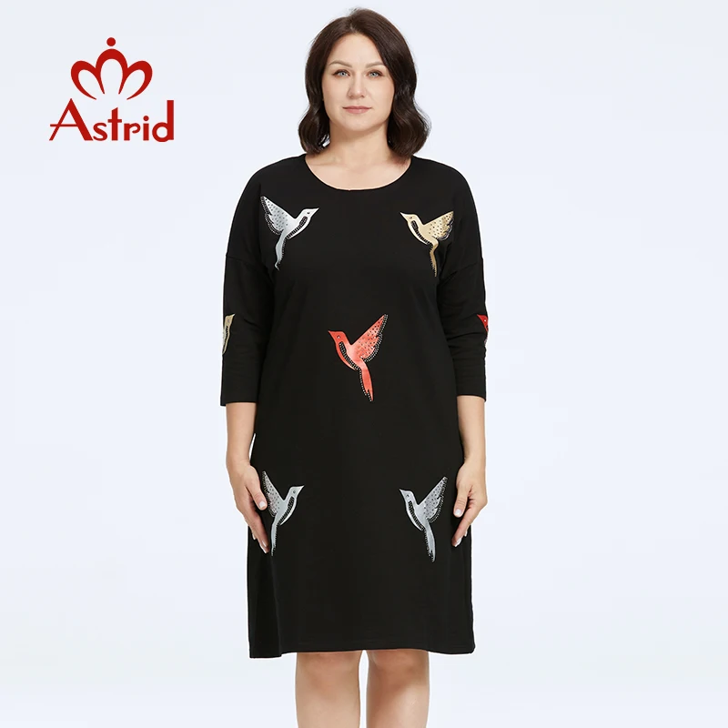 Astrid Women\'s Dresses 2023 Elegant Dress Bird Print Plus Size Office Clothes Long Sleeve Loose Dresses Female Clothing Diamonds