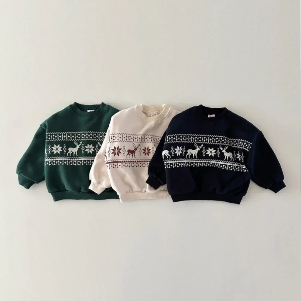 4501  Baby Sweater Winter 2024 New Baby Boy's Sweatershirt Christmas Snowflake Sika Deer Tops Velvet Sweater