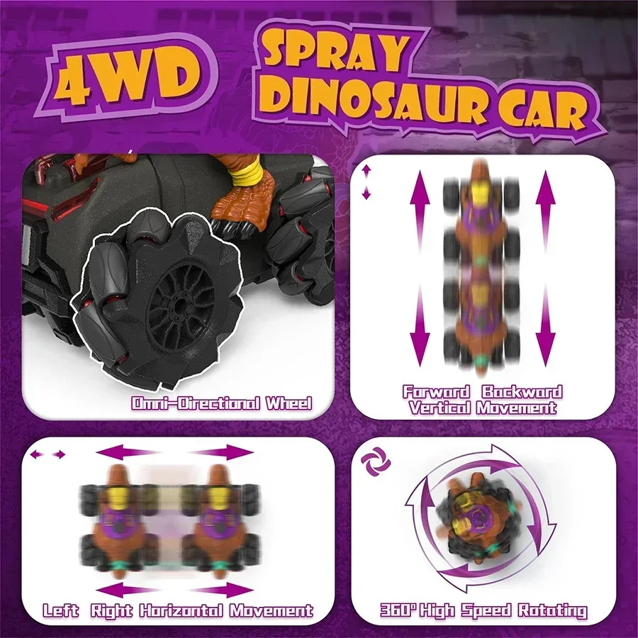Coche de dinosaurio teledirigido, juguete eléctrico Hobby RC para niños pequeños, con luces y sonido en aerosol, regalo de cumpleaños para niños y niñas