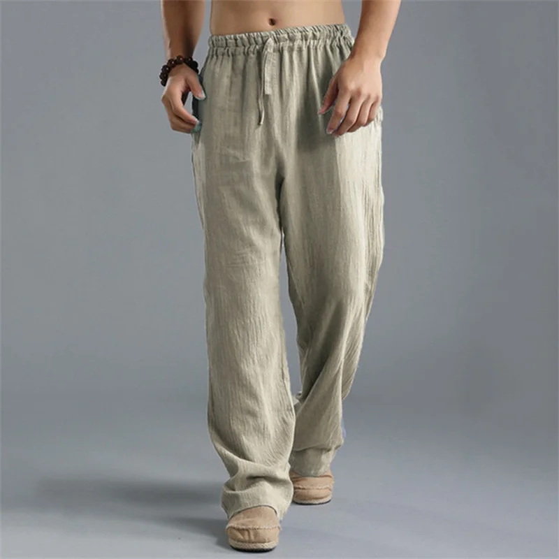 Solid Color Cotton Linen Men Pants Minimalist Basic Casual Drawstring Trousers Thin Plus Size Loose Straight Leg Pant