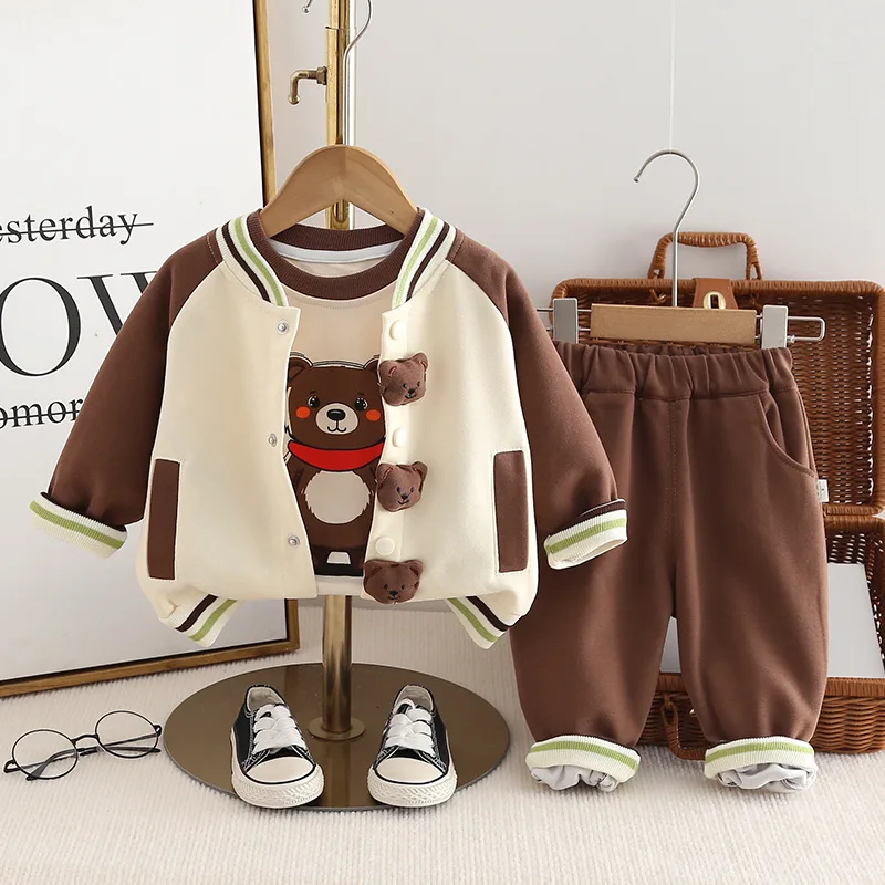 Autumn 2024 Children Boys 3PCS Clothes Set Cartoon Cotton Pullovers Patchwork Sleeve Coat Striped Hem Pants Toddler Boys Outfits