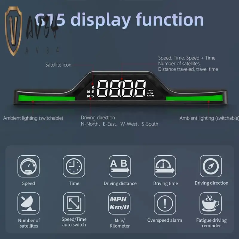 

AV34-G15 HUD Head-Up Display GPS Speeding Alarm Driving Speed Car Display Universal Replacement Parts Accessories