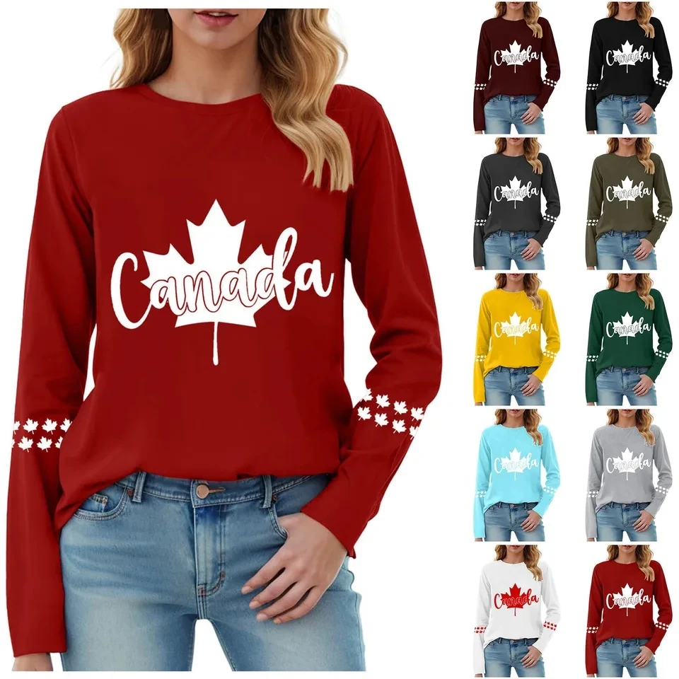 

Fashion Canada Maple Leaf Print Women T-Shirts Long Sleeve Harajuku Crew Neck Tshirt Female Canada Day Casual Tee Shirt Tops