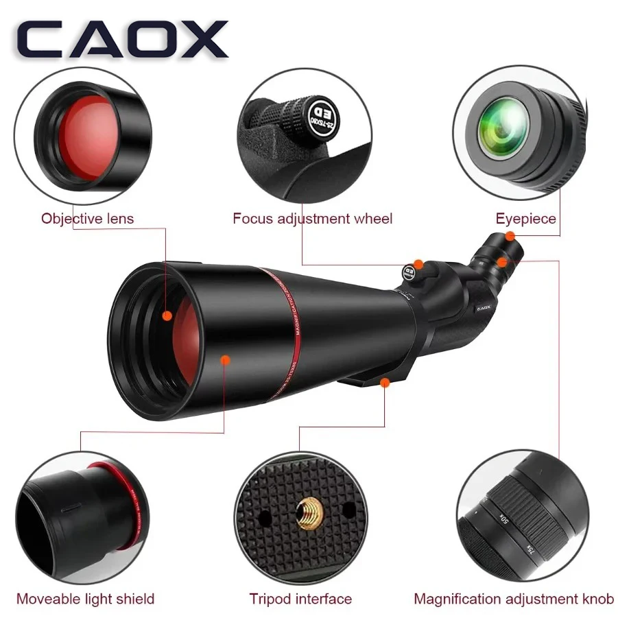 CAOX 25-75x80 Telescope Spotting Scope Powerful Zoom Monocular BAK4 Waterproof For Bird Watching Target Shotting With Tripod