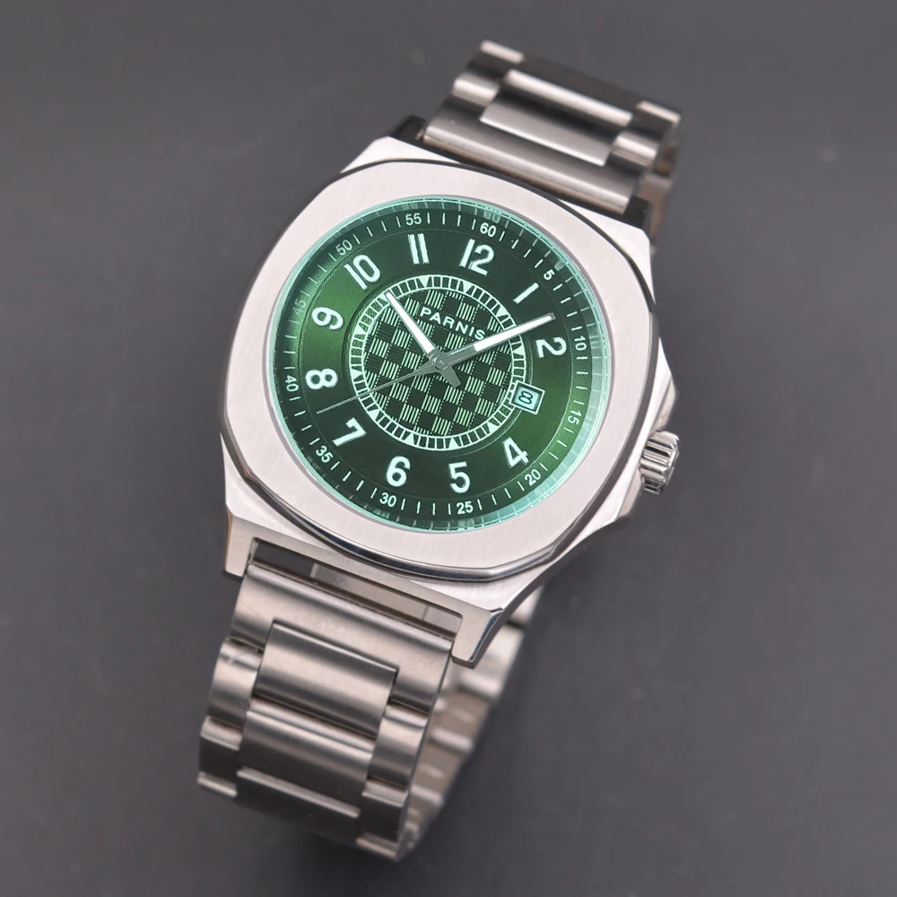 Parnis 42mm mostrador verde relógio mecânico masculino calendário de vidro safira automático relógio de pulso de aço inoxidável relogios masculino
