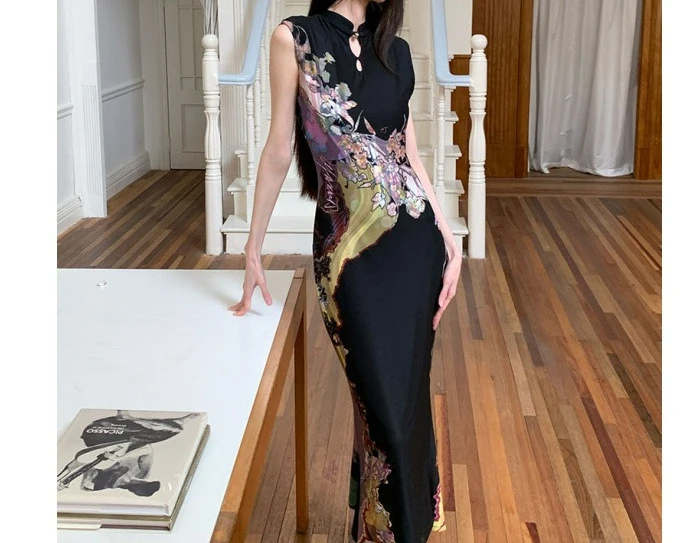 New Chinese Style Front and Rear Two Wear Contrasting Color Cheongsam Dress Women's Printed Fishtail Vest Skirt