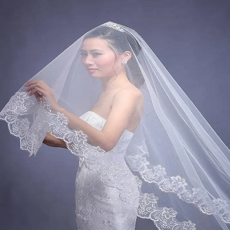 Women's 1T Vintage Cathedral Length Lace Edge Wedding Bridal Veil White Ivory