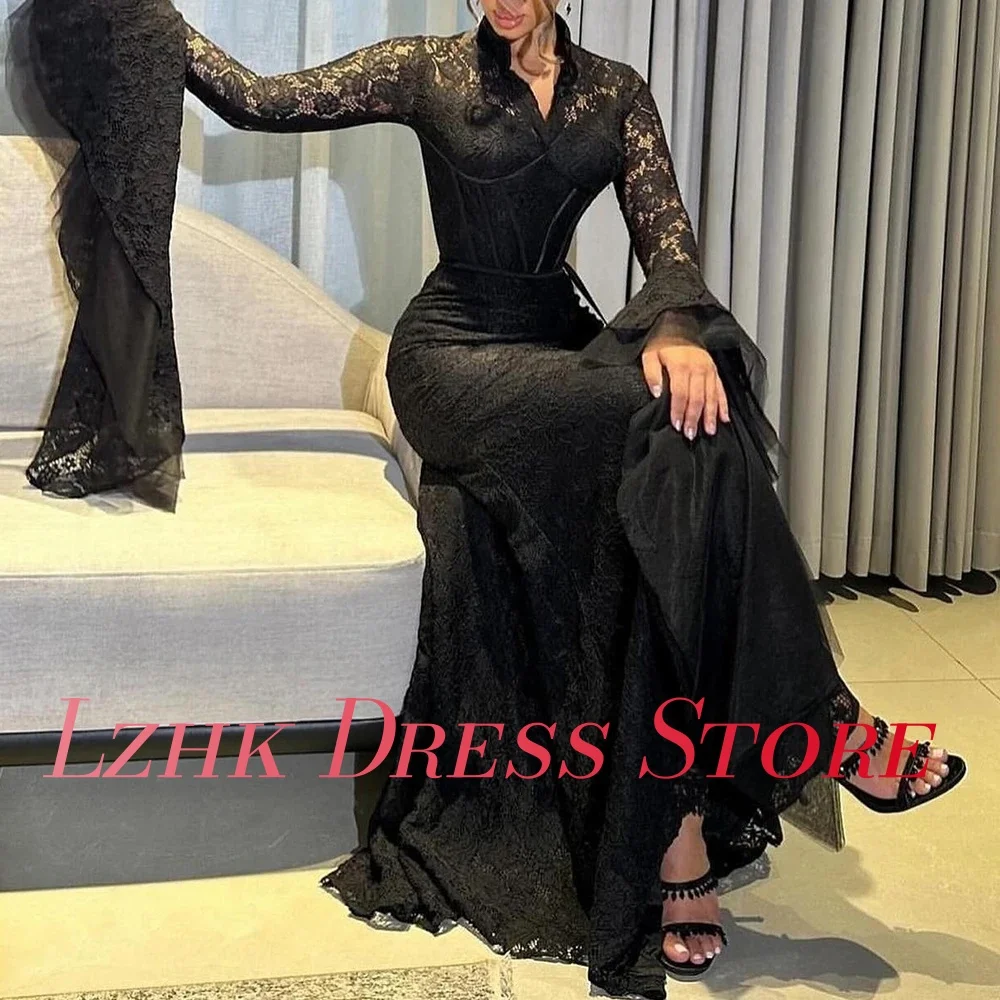 Robe de soirée sirène en dentelle, personnalisée, Sexy, manches évasées, tempérament, manches longues, longueur au sol, col en v, robes d'occasion sur mesure