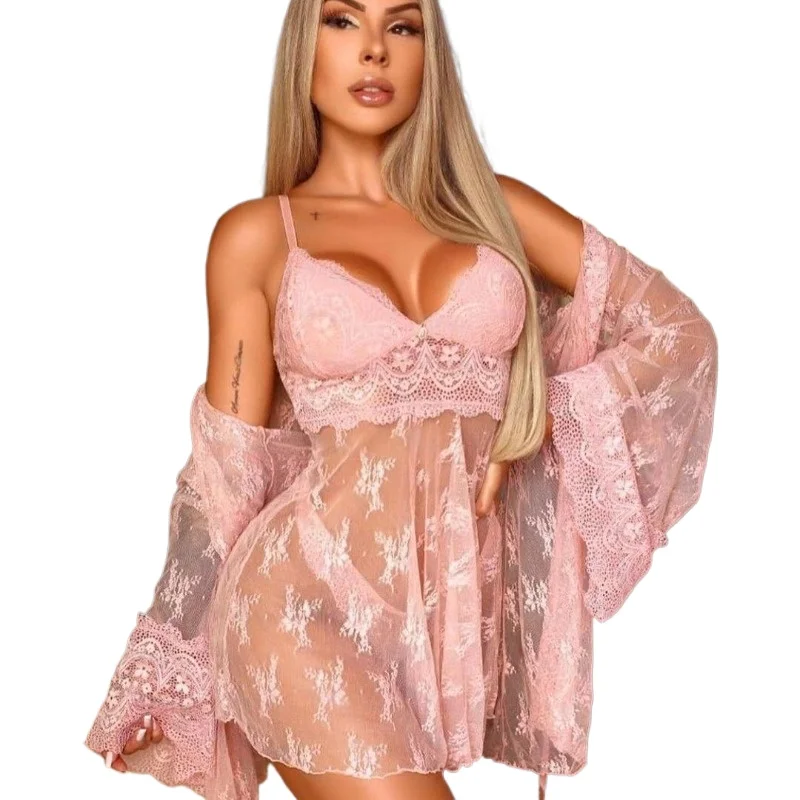 2 قطع مجموعة المرأة بيجامة تنورة مثير الملابس الداخلية الوردي حمالة الدانتيل ثوب النوم مجموعة شكل المناسب شير صافي ثوب النوم الملابس