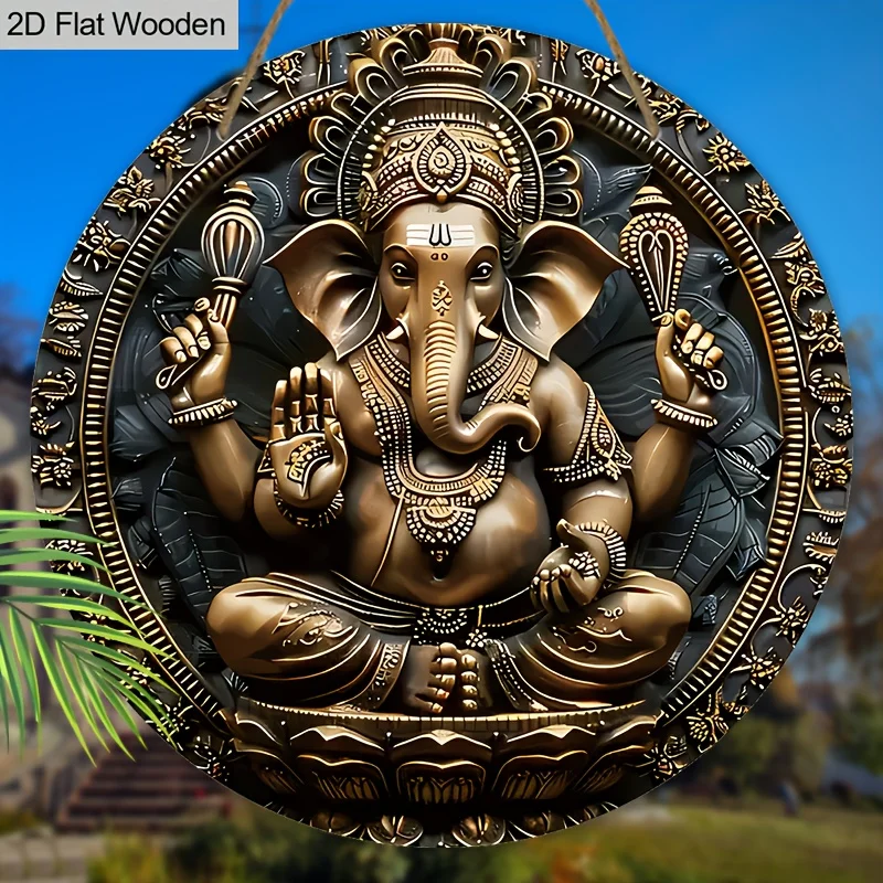 2D Flat Classic Diwali Festival Art Wooden Sign - Colored Elephant Faced Statue Round Sign for Front Door Wall Hanging Decor Ide