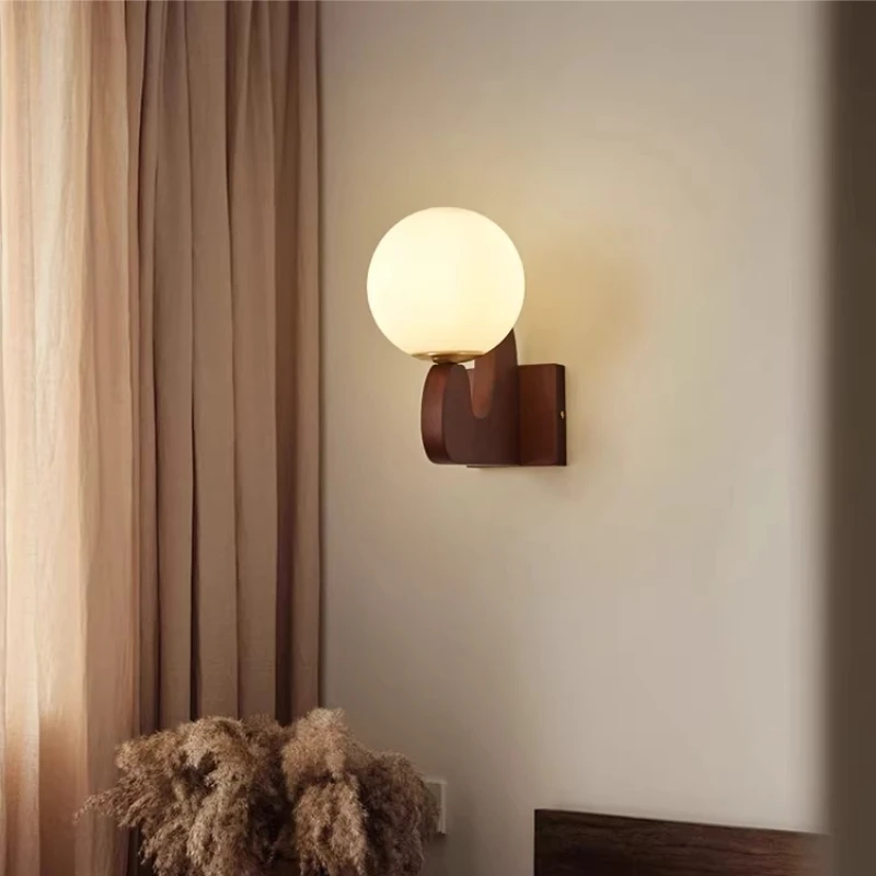 Solid Wood Wood Milk White Glass Sphere Wall Lamps Wabi-sabi Retro Wall Lights Bedroom Living Room Aisle Balcony Bedside Sconces