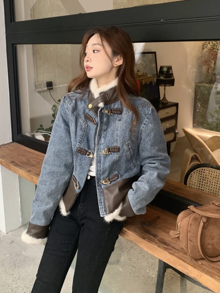 

2023 New Winter Women's Natural Real Mink Fur Collar Goose Down Coats Denim Jacket Outwear Luxury Female Jacket