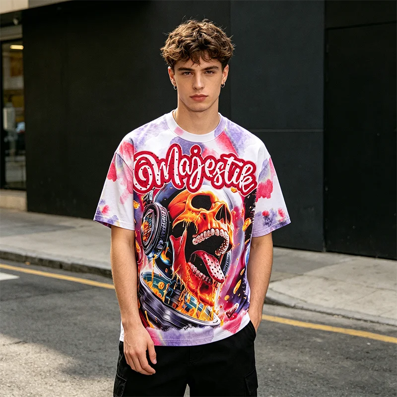 Hip-Hop Aquarell Tie-Dye Grafik-T-Shirt mit Strass-Astronauten-Totenkopf-Print Lässiges T-Shirt Original Herren-T-Shirts Sommer Y2k Kleidung – Detail 5