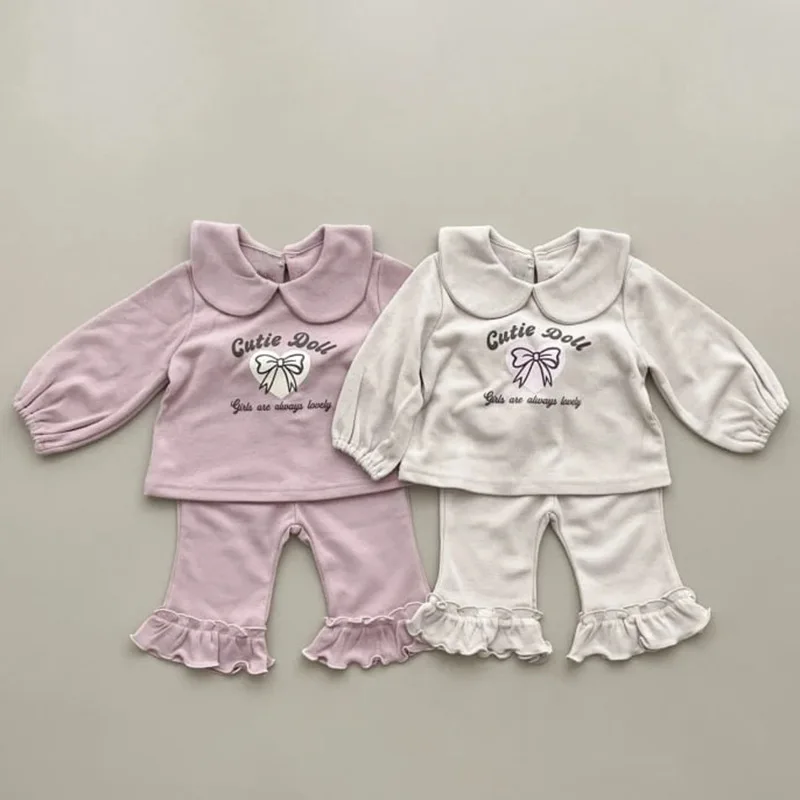 

2025 Winter New Baby Plus Velvet Clothes Set Girls Bow Letter Sweatshirt + Flare Pants 2pcs Suit Infant Toddler Fleece Outfits
