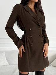 Mumaroho 2024 Winter Autumn Women Chic Office Suit Dress Solid Brown Long Sleeve V-neck Mini Dress Female