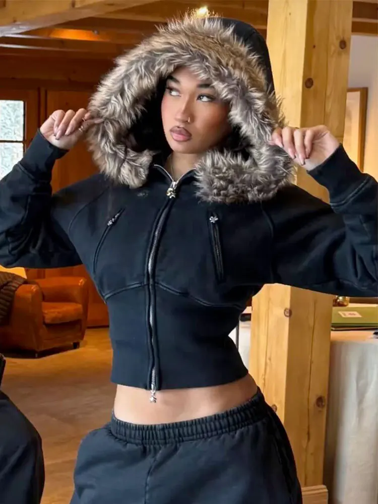 เสื้อฮู้ดดี้คอขนสไตล์วินเทจ Y2K ปี 2025 ทรงเข้ารูป กระชับเอว ซิปหน้า สไตล์อเมริกันเรโทร ลำลอง พังก์ สำหรับผู้หญิง